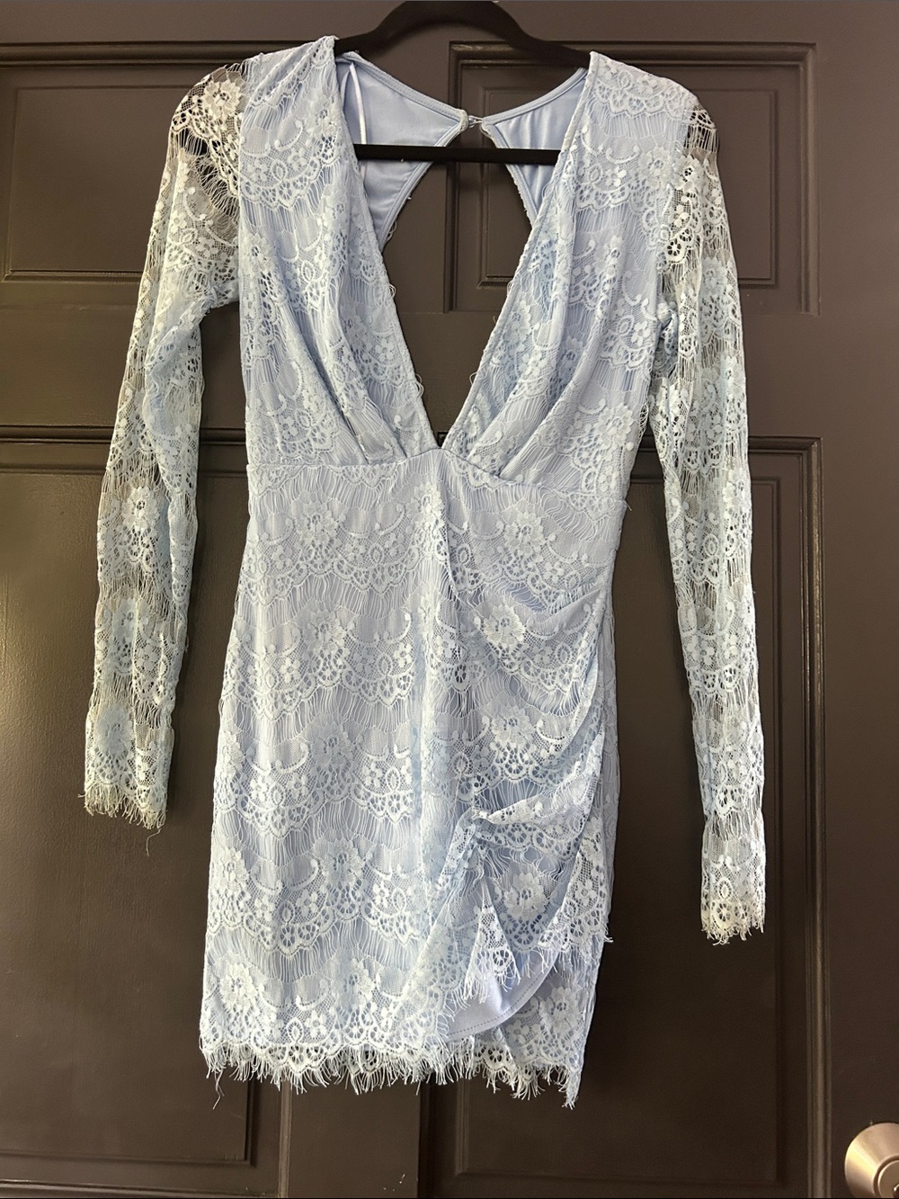 Light Blue Lace Long-Sleeve V-Neck Dress